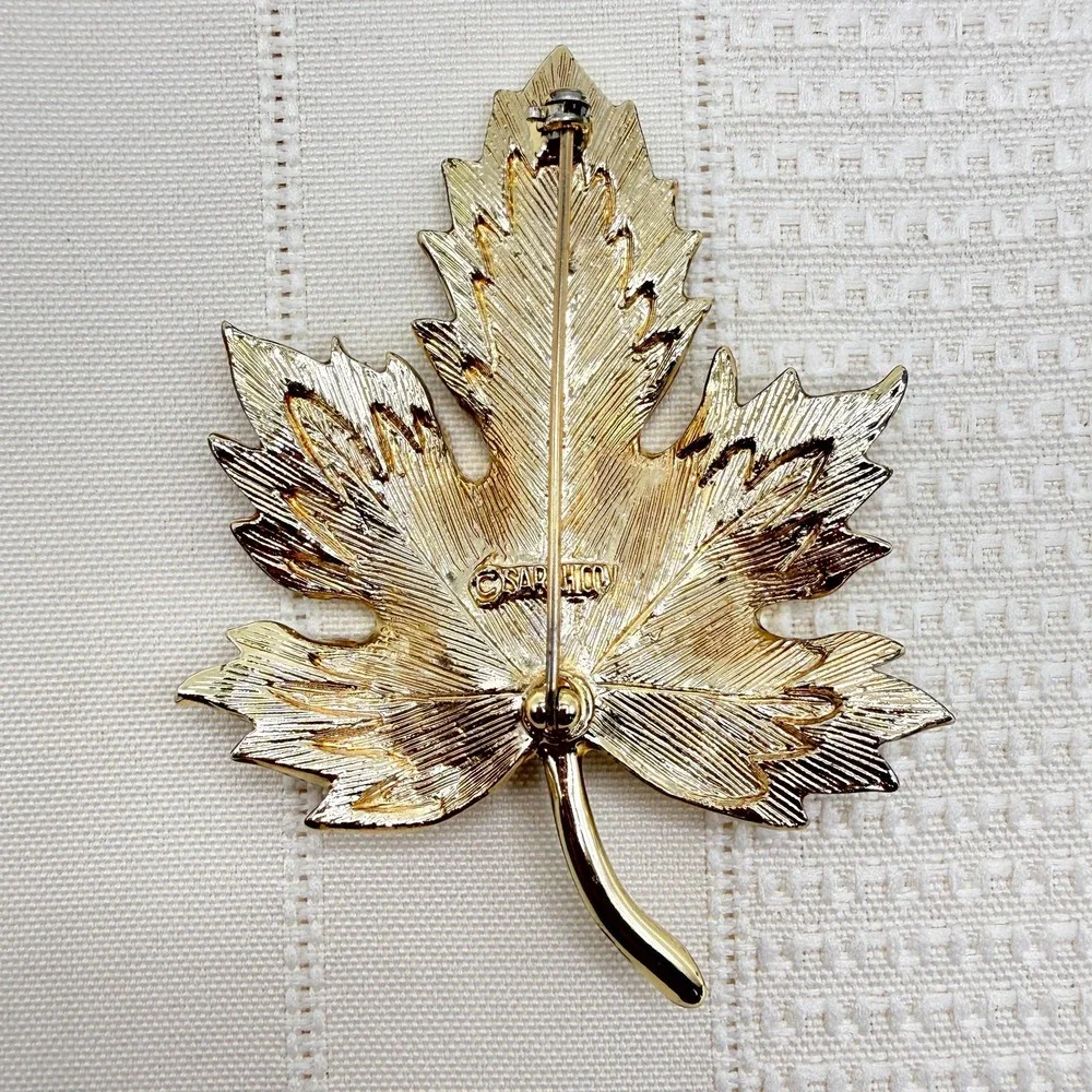 Vintage Sarah Coventry Tone Gold & Silver Two Tone Big Double Leaf Brooch